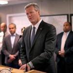 Lawrence10/26/18 Governor Charlie Baker joined local officials at a Columbia Gas facility, to announce a delay in gas restoration to thousands of homes and businesses in Lawrence that were impacted by the natural gas explosions. Lawrence Mayor Dan Rivera(rt) looks on. Photo by John Tlumacki/Globe Staff(metro)