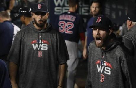 RED SOX SLIDER27 Los Angeles, CA - 10/27/2018 - After the Dodger's four run sixth inning was over Chris Sale screams 