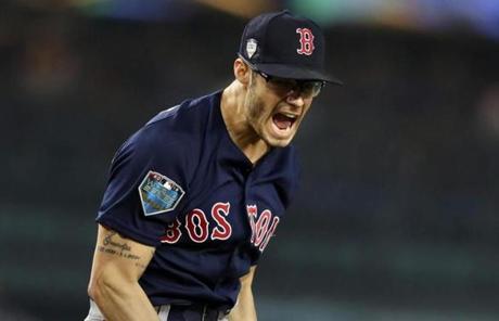 RED SOX SLIDER27 Los Angeles, CA - 10/27/2018 - Joe Kelly reacts after strikeout that ends the eighth inning. The Los Angeles Dodgers host the Boston Red Sox in Game 4 of the World Series at Dodger Stadium. (Jim Davis/Globe staff)
