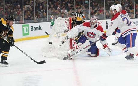 Boston MA 10/27/18 Boston Bruins Brad Marchand shot on goal is denied by Montreal Canadians Carey Price during second period action at TD Garden. (photo by Matthew J. Lee/Globe staff) topic: reporter: 
