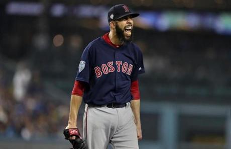 RED SOX SLIDER28 Los Angeles, CA - 10/28/2018 - Red Sox starting pitcher David Price reacts after closing out the Dodgers in the seventh inning.The Los Angeles Dodgers host the Boston Red Sox in Game 5 of the World Series at Dodger Stadium. (Jim Davis/Globe staff)
