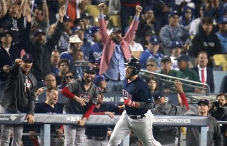 RED SOX SLIDER28 Los Angeles, CA - 10/28/2018 - Red Sox David Pearce heads to first base after hitting a solo home run in the eighth inning. Los Angeles Dodgers hosted the Boston Red Sox in Game 5 of the World Series at Dodger Stadium. (Stan Grossfeld/Globe Staff)
