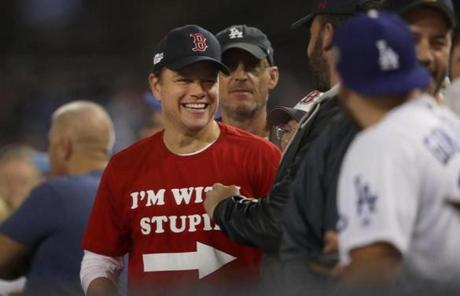 RED SOX SLIDER28 Los Angeles, CA - 10/28/2018 - Matt Damon and Ben Affleck cheer on the Red Sox in the seventh inning.The Los Angeles Dodgers host the Boston Red Sox in Game 5 of the World Series at Dodger Stadium. (Jim Davis/Globe staff)
