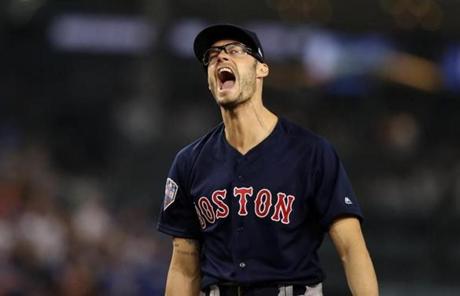 RED SOX SLIDER28 Los Angeles, CA - 10/28/2018 - Joe Kelly screams after striking out the side in the eighth inning.The Los Angeles Dodgers host the Boston Red Sox in Game 5 of the World Series at Dodger Stadium. (Jim Davis/Globe staff)
