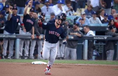 Steve Pearce rounded the bases after hitting a home run. 
