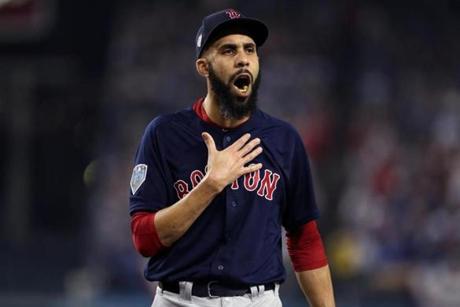 Los Angeles, CA - 10/28/2018 - David Price reacts after seventh inning.The Los Angeles Dodgers host the Boston Red Sox in Game 5 of the World Series at Dodger Stadium. (Jim Davis/Globe staff)
