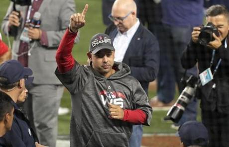 RED SOX SLIDER28 Los Angeles, CA - 10/28/2018 - Red Sox manager Alex Cora celebrated after the Red Sox won the World Series. Los Angeles Dodgers hosted the Boston Red Sox in Game 5 of the World Series at Dodger Stadium. (Barry Chin/Globe Staff)
