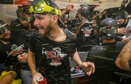 RED SOX SLIDER28 Los Angeles, Ca-- October 29, 2018-Stan Grossfeld/ Globe Staff---World Series Game 5-Red Sox vs Dodgers at Dodger Stadium. Chris Sale in the midst of champagne and beer celebration.
