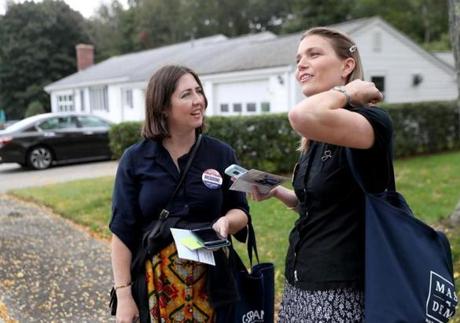 On the campaign trail: Dr. Katie McBrine (right), of Hingham, with campaign manager Melissa Smith. 
