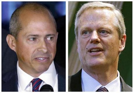 FILE - This combination of 2018 file photos show Massachusetts Democratic gubernatorial nominee Jay Gonzalez, left, and Republican Gov. Charlie Baker, right, in Boston. Gonzalez will challenge the Baker in the November general election. (AP Photos/File)
