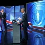 Needham, MA: 11-1-18: Incumbent Republican Massachusetts Governor Charles Baker (left) is pictured during a debate held at WCVB-TV with his Democrat challenger Jay Gonzalez (right) (Jim Davis/Globe Staff)