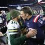 Foxborough MA 11/04/18 New England Patriots Tom Brady hugs Green Bay Packers Aaron Rogers after the Patriots defeated the Packers 31-17 at Gillette Stadium. (photo by Matthew J. Lee/Globe staff) topic: 05GlobeLive reporter: 