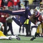 Foxborough, MA - 11/4/2018 - Josh Gordon tackled after a reception during fourth quarter action. The New England Patriots host the Green Bay Packers at Gillette Stadium. (Matthew J. Lee) Globe/Staff