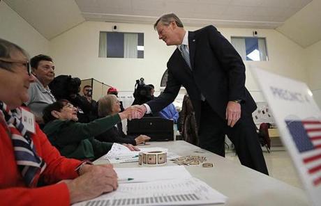 MIDTERMS SLIDER Swampscott, Ma., 11/06/2018, Governor Charlie Baker votes at The First Church in Swampscott. Suzanne Kreiter/Globe staff 
