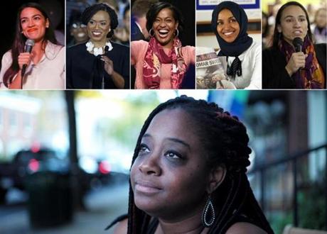 Former Vermont lawmaker Kiah Morris (bottom) and Election Night winners (top, left to right) Alexandria Ocasio-Cortez, Ayanna Pressley, Jahana Hayes Ilhan Omar, and Sharice Davids. 

