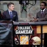 11/09/2018 Boston Ma- ESPN College Game Day show host Rece Davis (cq) left and Desmond Howard (cq) right was on the campus of Boston College. The BC Eagles are playing the Clemson Tigers this weekend. Jonathan Wiggs /Globe Staff Reporter:Topic: