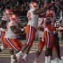 Chestnut Hill, MA - 11/10/2018 - (1st quarter) Clemson Tigers tight end Milan Richard (80) and teammates celebrate his reception for a touchdown during the first quarter. Boston College Eagles host the Clemson Tigers at Alumni stadium in Chestnut Hill. - (Barry Chin/Globe Staff), Section: Sports, Reporter: Julian Benbow, Topic: 11Clemson-BC, LOID: 8.4.3738276196.