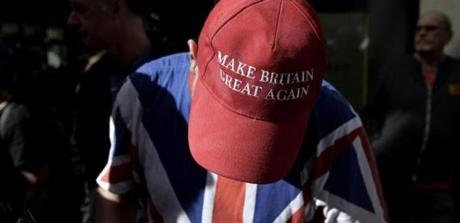 Chris, a supporter of far-right activist Tommy Robinson, wore a Make Britain Great Again cap at a rally.
