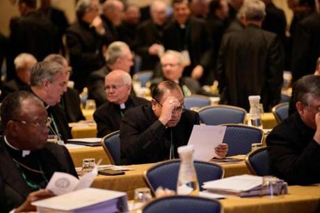 Members of the Catholic church gather for an opening session during the annual US Conference of Catholic Bishops November 12, 2018 in Baltimore, Maryland. (Photo by Brendan Smialowski / AFP)BRENDAN SMIALOWSKI/AFP/Getty Images
