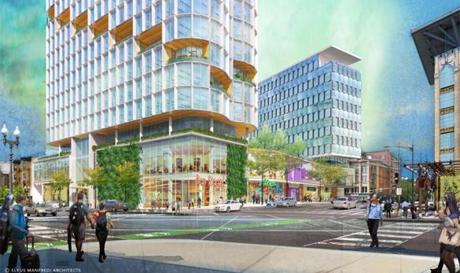 A rendering of two proposed Back Bay buildings, as seen from Boylston Street. 
