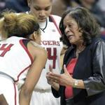 Rutgers head coach C. Vivian Stringer talks to Rutgers guard Arella Guirantes (24) during a timeout in the fourth quarter of an NCAA college basketball game against Central Connecticut Tuesday, Nov. 13, 2018, in Piscataway, N.J. Rutgers defeated Central Connecticut 73-44 as Stringer got her 1,000th career win. (AP Photo/Bill Kostroun)