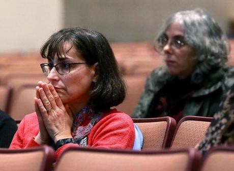 Reading MA 11/13/18 Anne Schwartz listening to residents opinions during a town select meeting discussing issues of racist graffiti found around town at Reading Memorial High School, Performing Arts Center. (photo by Matthew J. Lee/Globe staff) topic: reporter: 
