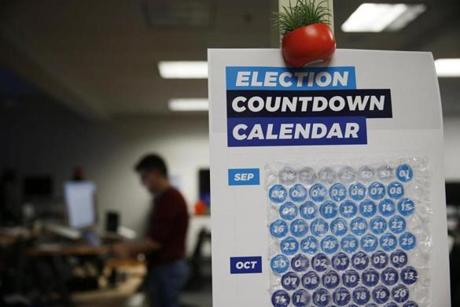 A calendar counting down to Election Day took center stage at the Somerville offices of Democratic fund-raising platform ActBlue.
