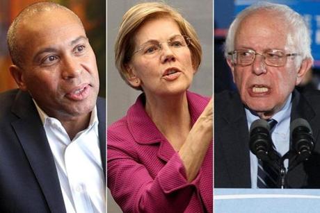 Former governor Deval Patrick (left) and Senators Elizabeth Warren (center) and Bernie Sanders are among the New Englanders who could face off in New Hampshire in 2020.
