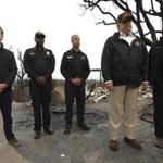 President Trump, second from right, reacted while taking in the damage from the Woolsey Fire in California.
