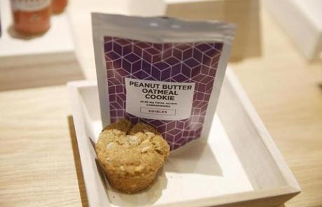 Leicester, MA, 11/20/2018 -- Peanut Butter Oatmeal Cookie Edibles are on display at the opening of Cultivate, one of the state's first two pot shops. This the first day the store can sell recreational marijuana to adults 21 and older. (Jessica Rinaldi/Globe Staff) Topic: 21potopen Reporter: 
