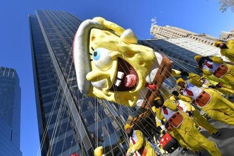 NEW YORK, NY - NOVEMBER 22: The SpongeBob SquarePants balloon floats along the parade route during the 2018 Macy's Thanksgiving Day Parade on November 22, 2018 in New York City. (Photo by Michael Loccisano/Getty Images)
