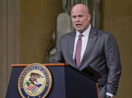 Acting Attorney General Matthew Whitaker speaks at the Dept. of Justice's Annual Veterans Appreciation Day Ceremony, Thursday, Nov. 15, 2018, at the Justice Department in Washington. (AP Photo/Pablo Martinez Monsivais)
