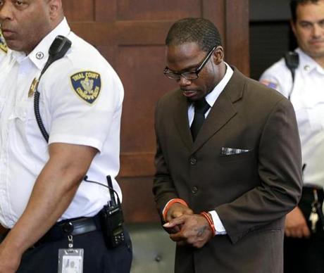 Shaquille Brown enters court room for a hearing at Suffolk Superior Court. 
