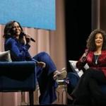Former first lady Michelle Obama and moderator Michele Norris addressed the crowd at TD Garden Saturday night.