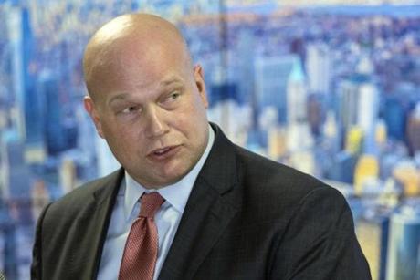 In this Nov. 21, 2018 photo, Acting Attorney General Matthew Whitaker, framed by a photograph of lower Manhattan, addresses law enforcement officials at the Joint Terrorism Task Force in New York. (AP Photo/Mary Altaffer)
