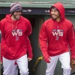 Boston, Ma- October 21, 2018-Stan Grossfeld/ Globe Staff?Practice before Game 1 of World Series-J.D. Martinez and Mookie Betts arrive at practice with big smiles.