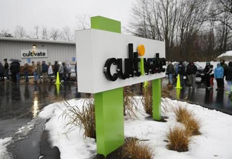 Leicester, MA, 11/20/2018 -- People stretch around the Cultivate building at the opening of Cultivate, one of the state's first two pot shops. This the first day the store can sell recreational marijuana to adults 21 and older. (Jessica Rinaldi/Globe Staff) Topic: 21potopen Reporter: 
