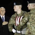 Vice President Mike Pence placed his hand over his heart while a US Army team transfered the remains of Army Captain Andrew P. Ross Friday at Dover Air Force Base in Delaware. Ross, along with Fall River?s Eric Michael Emond and Air Force Staff Sergeant Dylan J. Elchin were killed by a roadside bomb in Afghanistan earlier this week.  