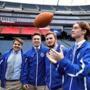 Foxboro-11/27/18 An MIAA Super Bowl breakfast was held at Gillette Stadium for teams playing on Friday and Saturday at the Stadium. Scituate HS captains (left to rt) Josh Comeau, Aidan Sullivan, Josh Mckeever and Daniel May toss the ball around on the field. Photo by John Tlumacki/Globe Staff(sports)