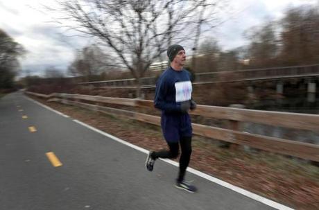 Mike Cramer made a practice run in preparation for competing in the Winter Classic 5K in Cambridge.
