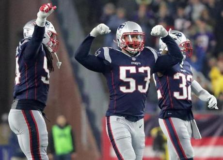 Foxborough, MA 12/02/18- The New England Patriots Kyle Van Noy reacting after they thought they stopped the Minnesota Vikings on fourth an one during fourth quarter action at Gillette Stadium Sunday, Dec. 2, 2018.(Matthew J. Lee/Globe Staff)
