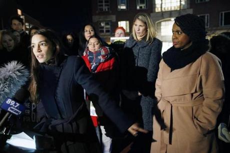 Representative-elect Alexandria Ocasio-Cortez of New York spoke at a small rally outside an orientation meeting for incoming members of Congress hosted by the Kennedy School at Harvard on Tuesday.
