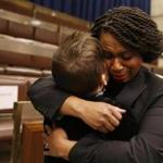 Boston, MA, 12/5/2018 -- Ayanna Pressley embraces former Chief of Staff Jessica Taubner (L) following a farewell at City Hall. (Jessica Rinaldi/Globe Staff) Topic: 06ayanna Reporter: 
