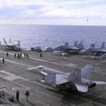 F-18 figher jets on the deck of the USS Ronald Reagan in the waters off Iwakuni, Japan.  