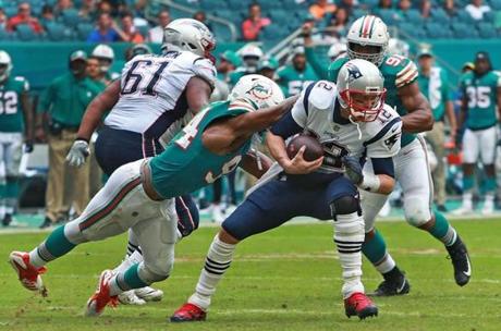 Tom Brady was sacked by the Dolphins? Robert Quinn on the final play of the first half.

