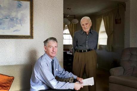 Norwood, MA - 12/06/2018- ] (left) Dr. Thomas T. Perls, Professor of Medicine at Boston University and Frederick Blizard, 105, pose for a portrait in Blizard's home in Norwood on Thursday, December 6, 2018. (Michael Swensen for The Boston Globe) Topic: (magazine) 
