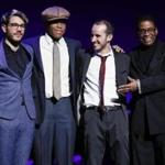From left: Maxime Sanchez, Isaiah J. Thompson, Tom Oren, and Herbie Hancock are shown onstage during the awards presentation at the 2018 Thelonious Monk Institute Of Jazz International Piano Competition.