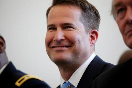 Burlington, MA- April 09, 2018: Congressman Seth Moulton (D-Mass.) during a program announcing the partnership between the U. S. Army Research Laboratory and North Eastern University at the George J. Kostas Research Institute for Homeland Security in Burlington, MA on April 09, 2018. The announcement recognized the the agreement between the U. S. Army Research Laboratory and North Eastern University to locate the Northeastern Regional Hub for ARL?s Extended Campus at Northeastern?s George J. Kostas Research Institute. (Craig F. Walker/Globe Staff) section: metro reporter:
