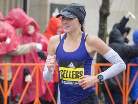 BROOKLINE, MA - APRIL 16: Sarah Sellers of the United States crossed the Boston Marathon finish line in second place with a time of 2:44:04. Photo by Scott Eisen/Getty Images)
