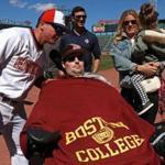 8Boston, MA - 4/21/2018 - Boston College head baseball coach Mike Gambino with Pete Frates, brother Andrew, and Pete's wife Julie and daughter Lucy. SJ Prep and BC grad Pete Frates at pre game ceremony before the start of the 7th Annual ALS Awareness game between Boston College and 17th-ranked Florida State at Fenway park . - (Barry Chin/Globe Staff), Section: Sports, Reporter: Matthew Doherty, Topic: 22schrdp, LOID: 8.4.1689018287.